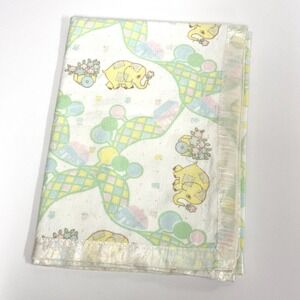 Vintage baby receiving blanket satin edge yellow elephants pastel colors 47x32